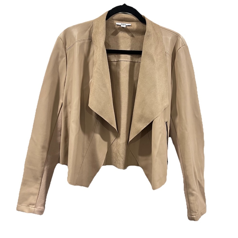 Bar III Faux Leather Flyaway Drape Jacket Nude Beige Size Medium Open Front